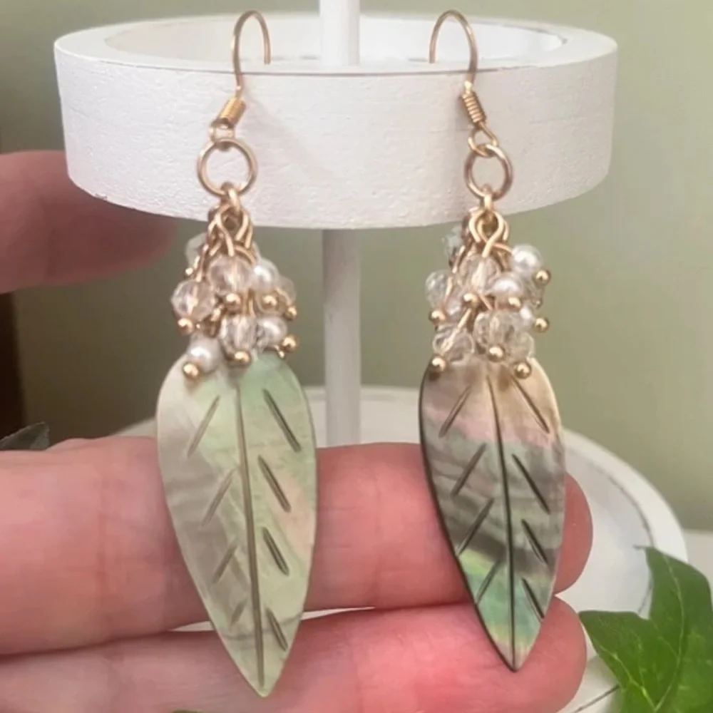 Shell Feather Charms With Glass Pearl Clusters Lightweight Earrings